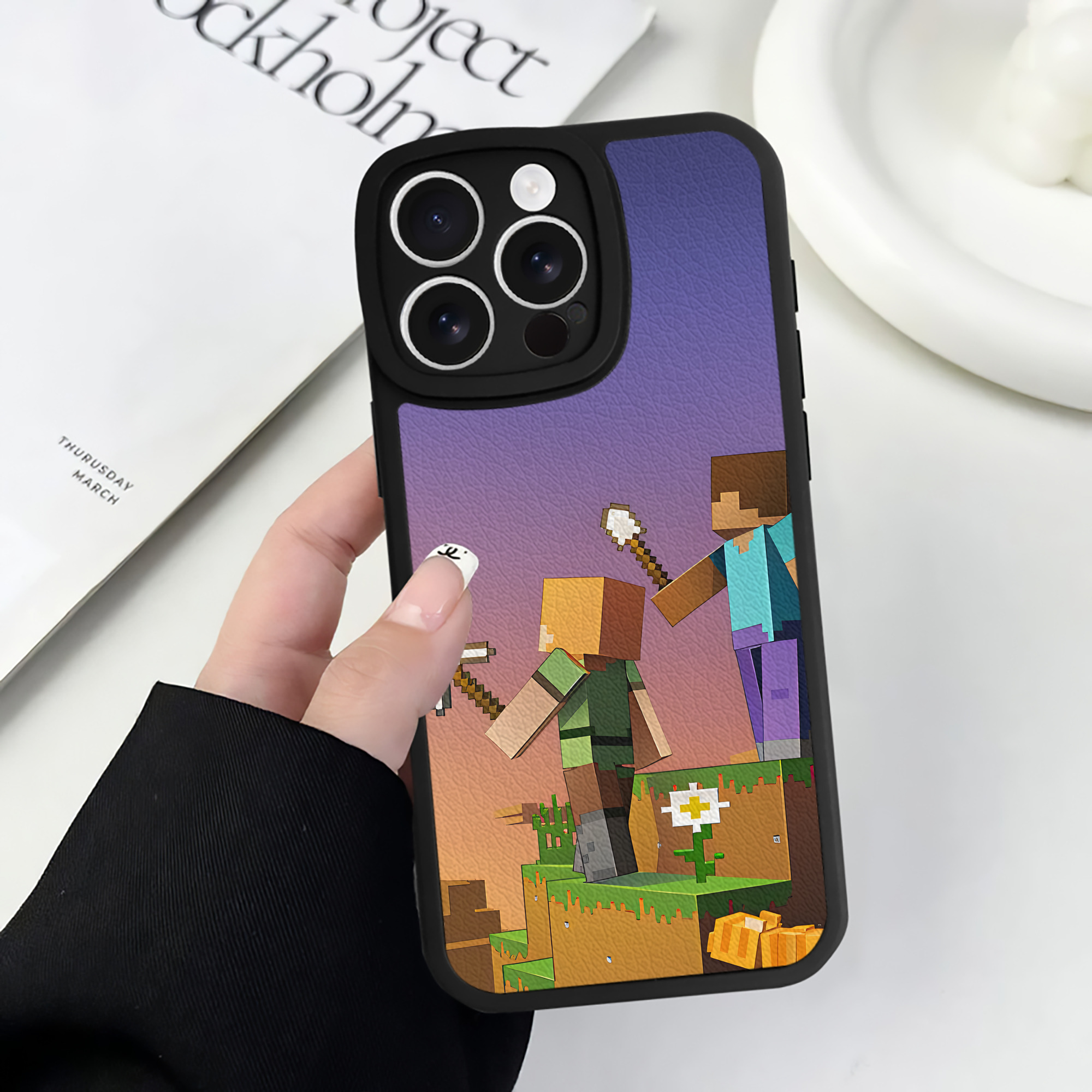 （画像用） マインクラフト ブロックの世界 Minecraft MC Block world 【iPhone 16シリーズ対応】シリコンスマホケース（レザー調） 材質：シリコン